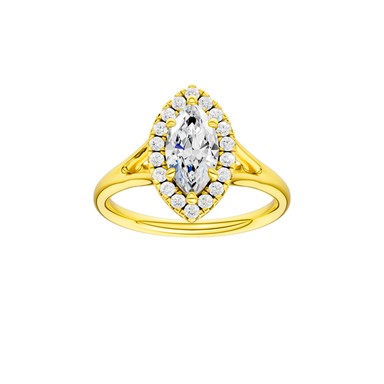 Marquise-cut diamond engagement ring with a plain band and halo setting.