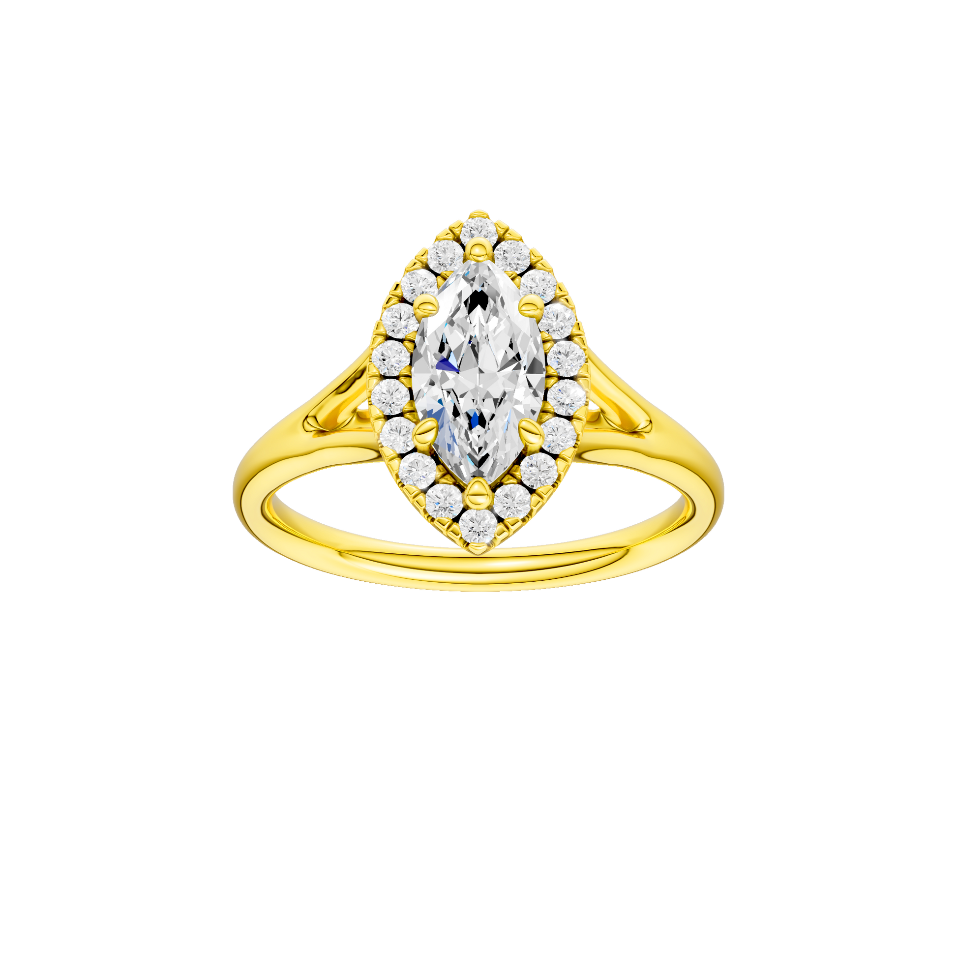 Marquise-cut diamond engagement ring with a plain band and halo setting.