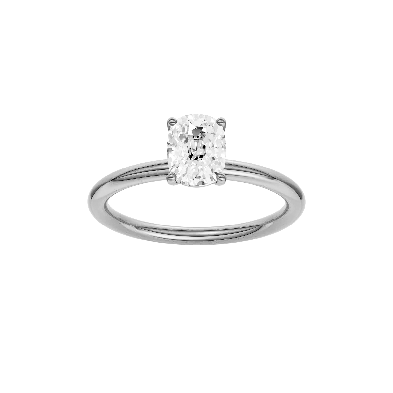 Elongated cushion-cut diamond solitaire engagement ring in 14k white gold with a plain band