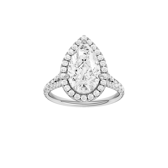 Pear-cut diamond engagement ring with a prong-set diamond band and halo setting.