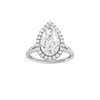 Pear-cut diamond engagement ring with a prong-set diamond band and halo setting.