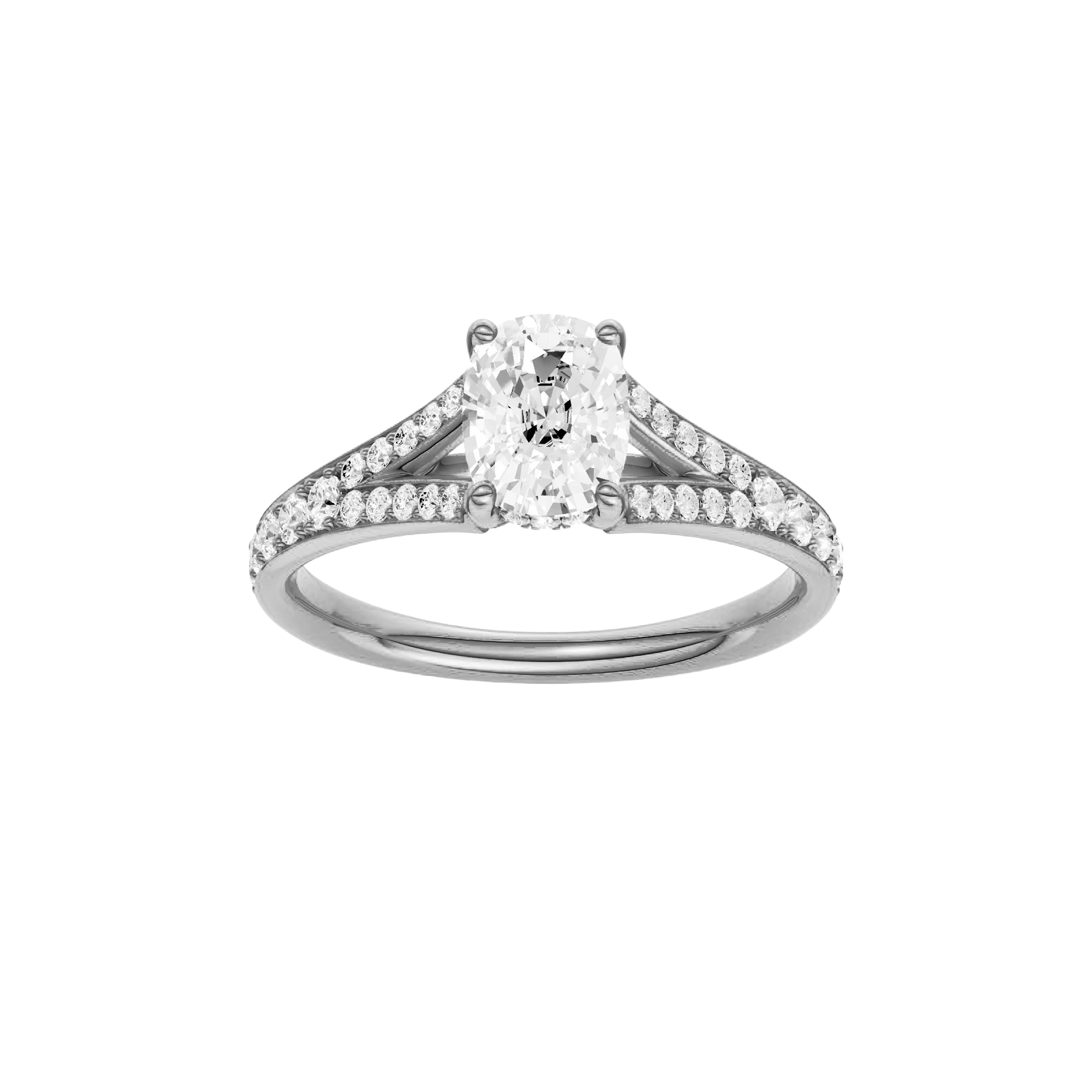 Elongated cushion-cut diamond engagement ring with a channel-set diamond band and hidden-halo setting.
