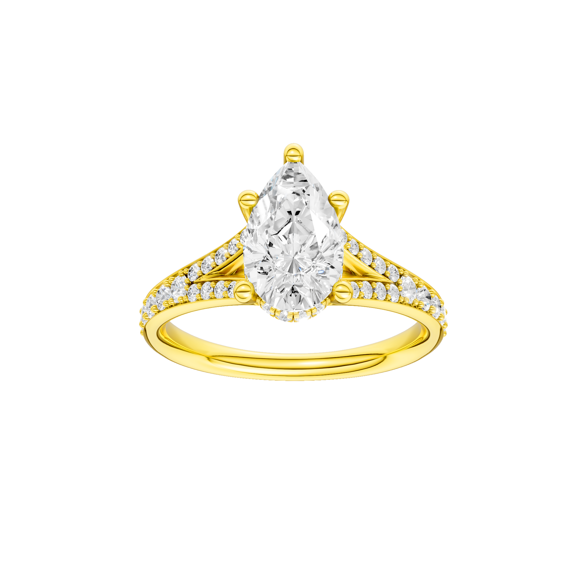 Pear-cut diamond engagement ring with a channel-set diamond band and hidden-halo setting.