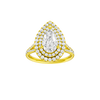 Pear-cut diamond engagement ring with a prong-set diamond band and double-halo setting.