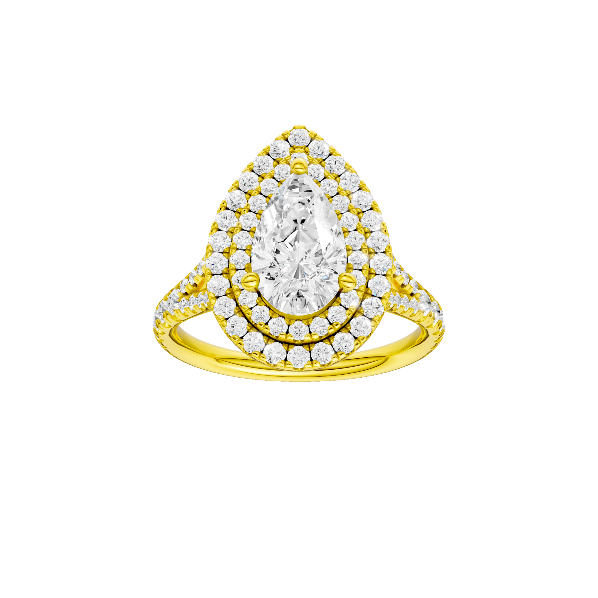 Pear-cut diamond engagement ring with a prong-set diamond band and double-halo setting.