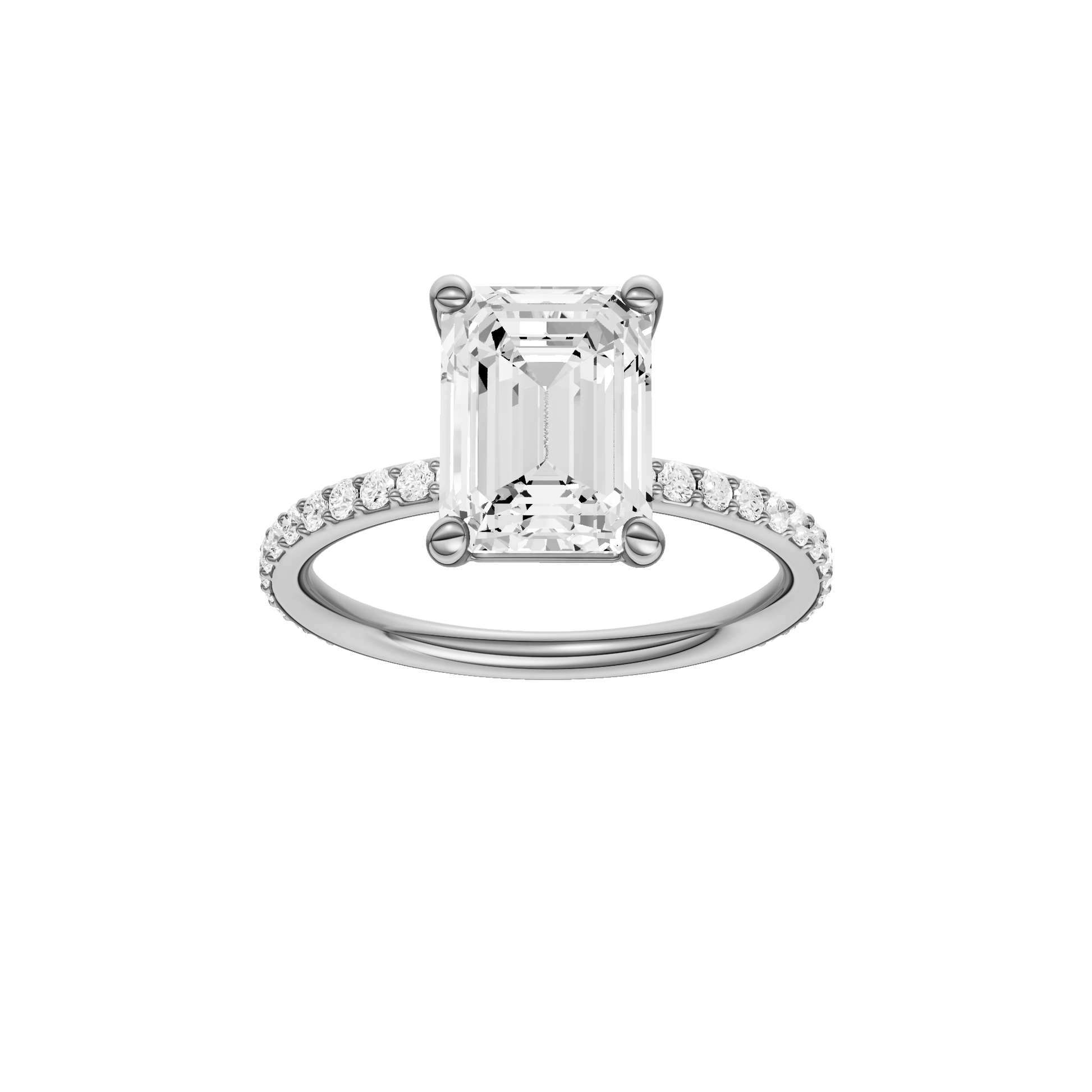 Emerald-cut diamond engagement ring with a prong-set diamond band and solitaire setting.