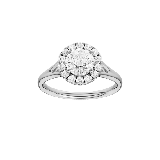 Round-cut diamond engagement ring with a plain band and halo setting.