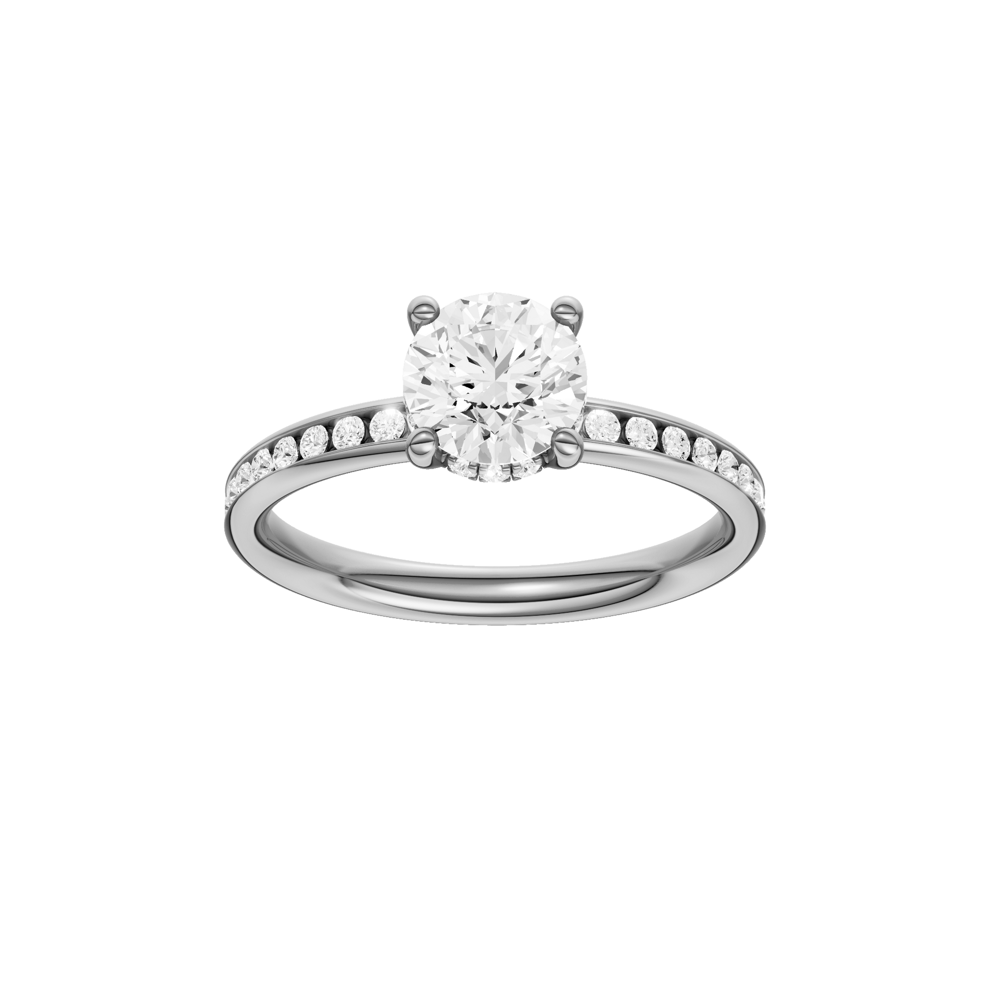 Round-cut diamond engagement ring with a channel-set diamond band and hidden-halo setting.