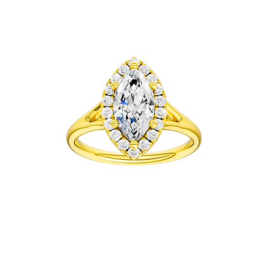 Marquise-cut diamond engagement ring with a plain band and halo setting.