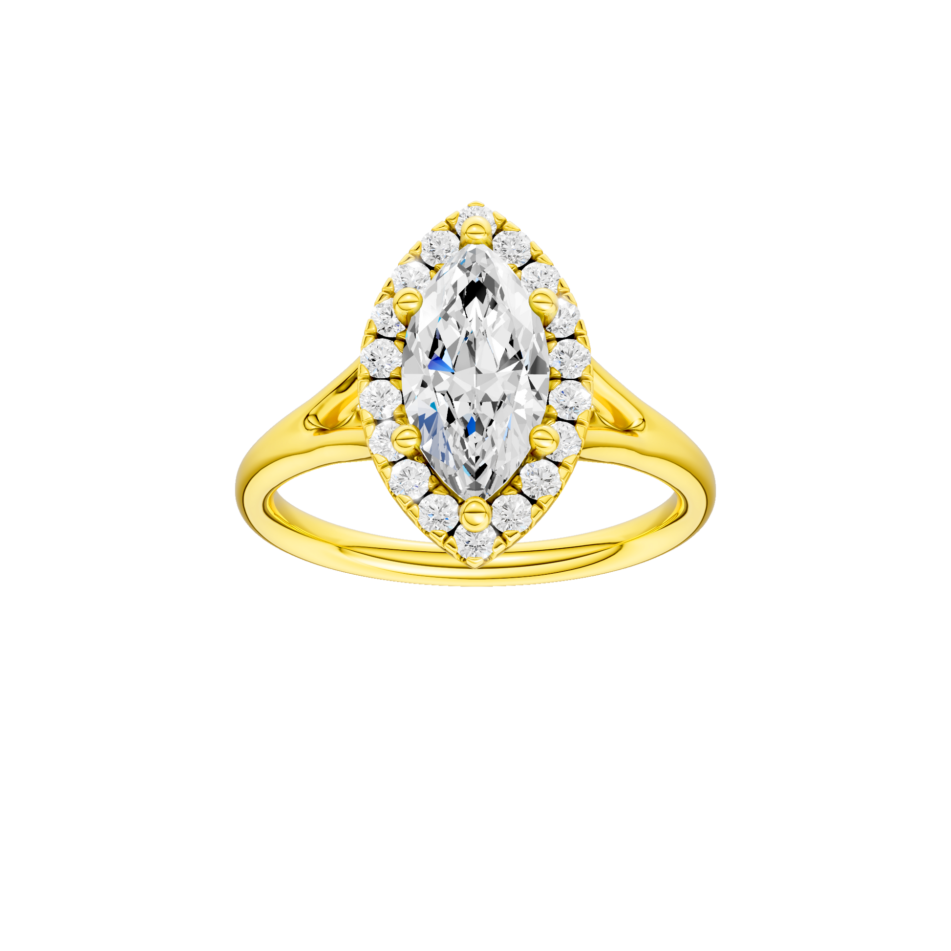 Marquise-cut diamond engagement ring with a plain band and halo setting.