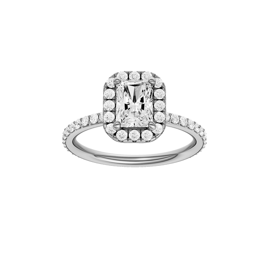Radiant-cut diamond engagement ring with a prong-set diamond band and halo setting.