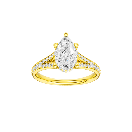 Pear-cut diamond engagement ring with a channel-set diamond band and hidden-halo setting.