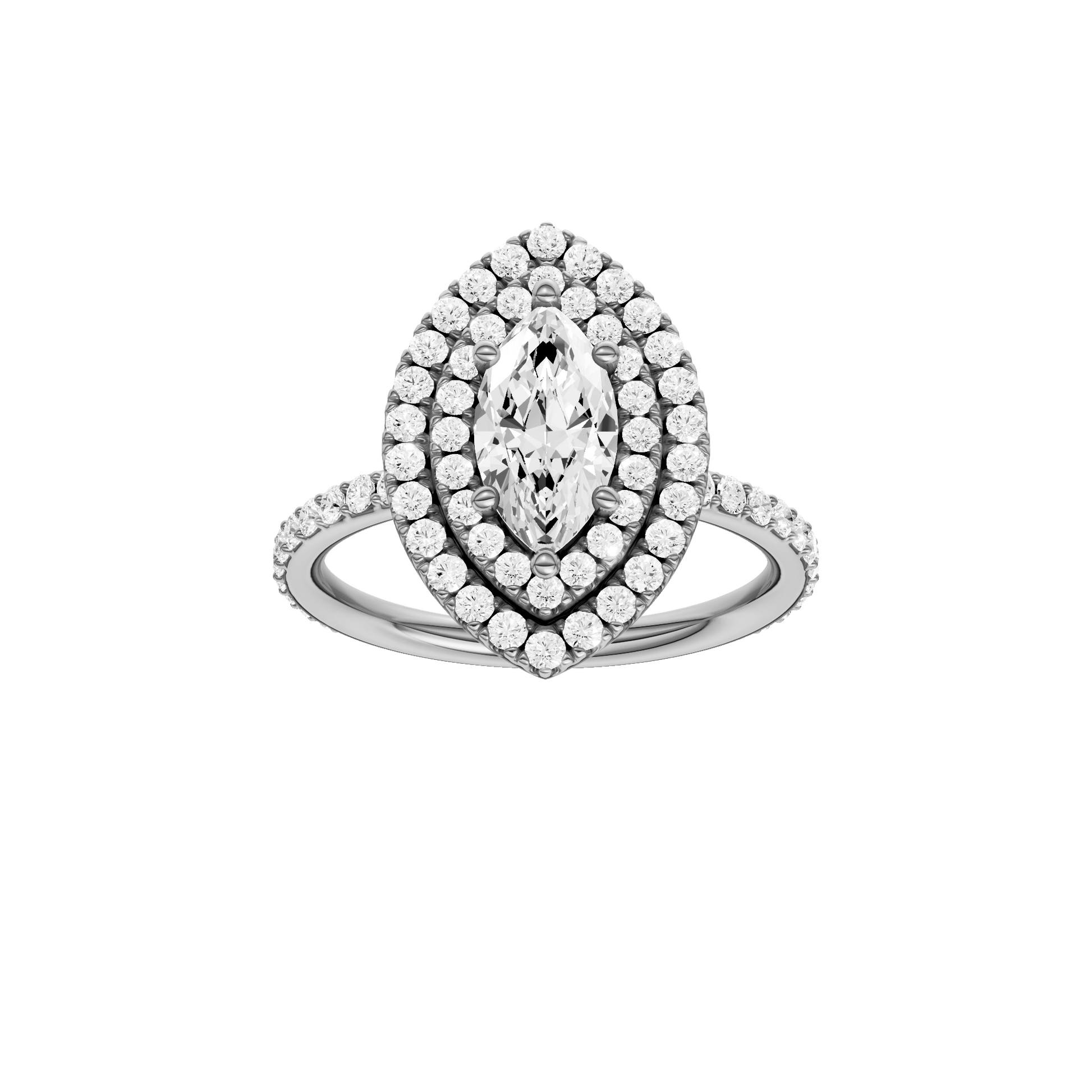 Marquise-cut diamond engagement ring with a prong-set diamond band and double-halo setting.