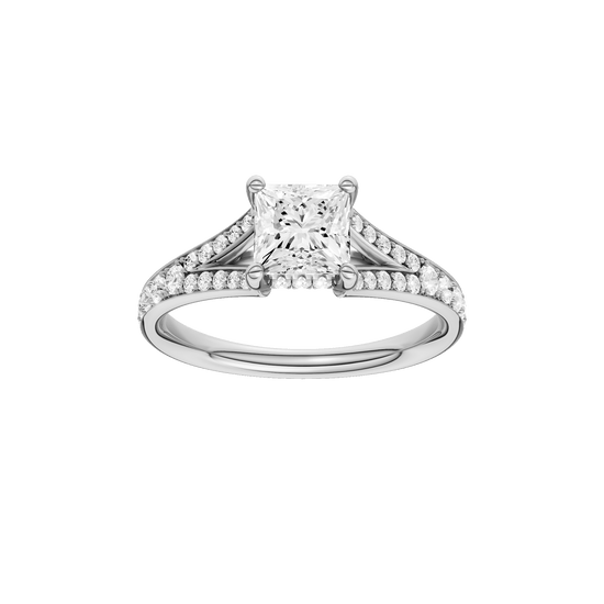 Princess-cut diamond engagement ring with a channel-set diamond band and hidden-halo setting.