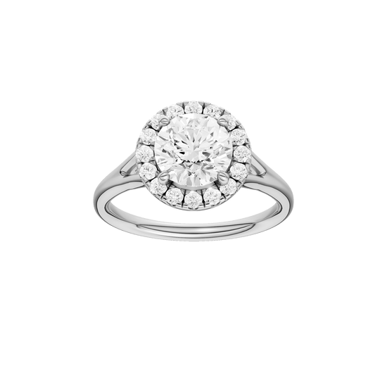 Round-cut diamond engagement ring with a plain band and halo setting.