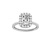 Radiant-cut diamond engagement ring with a prong-set diamond band and halo setting.