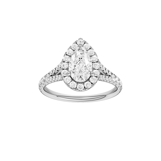 Pear-cut diamond engagement ring with a prong-set diamond band and halo setting.