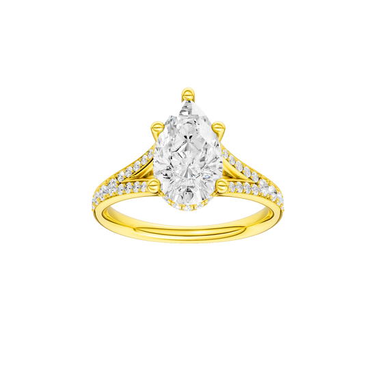 Pear-cut diamond engagement ring with a channel-set diamond band and hidden-halo setting.