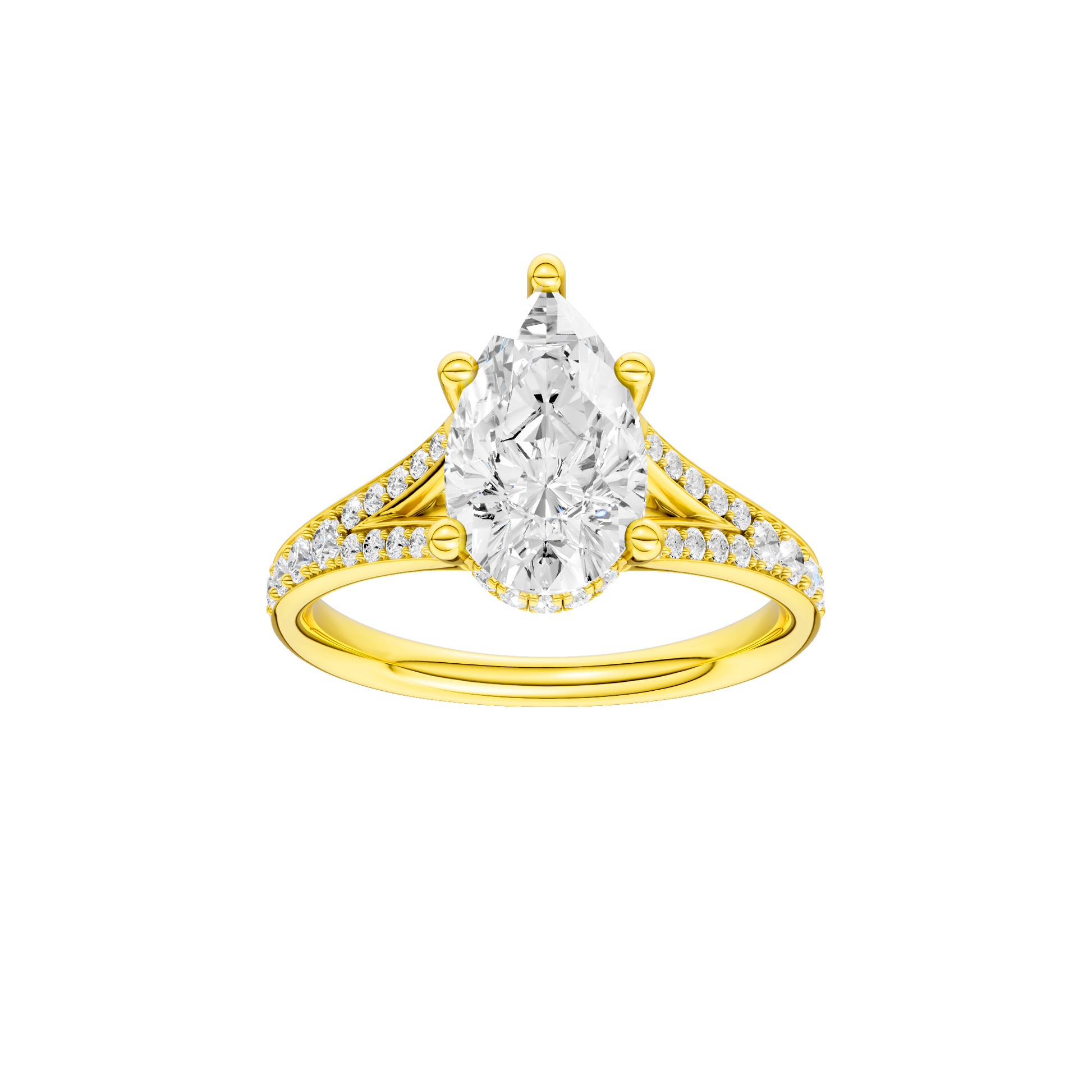 Pear-cut diamond engagement ring with a channel-set diamond band and hidden-halo setting.
