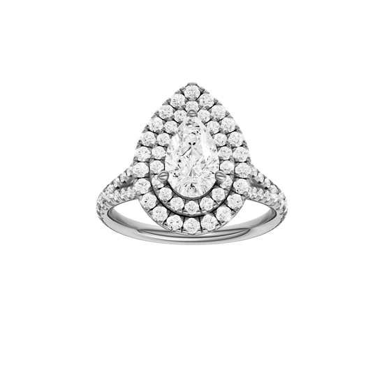 Pear-cut diamond engagement ring with a prong-set diamond band and double-halo setting.