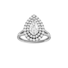 Pear-cut diamond engagement ring with a prong-set diamond band and double-halo setting.