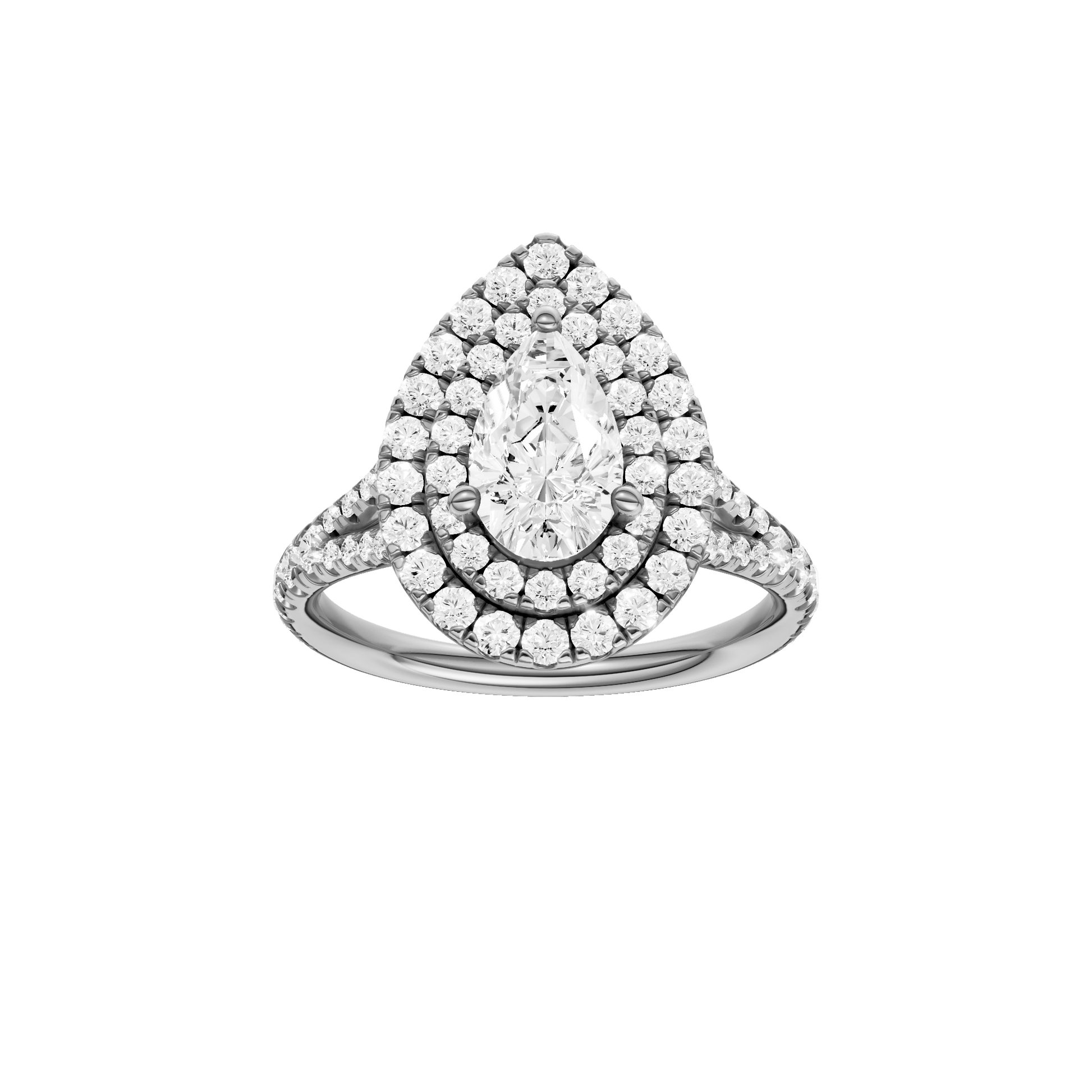 Pear-cut diamond engagement ring with a prong-set diamond band and double-halo setting.