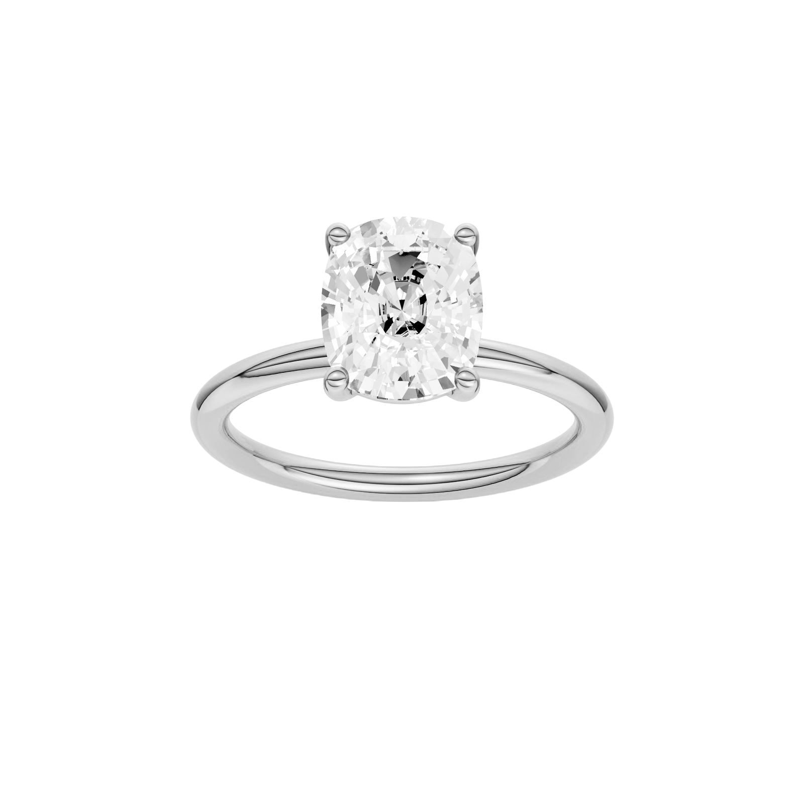 Elongated cushion-cut diamond solitaire engagement ring in 14k white gold with a plain band