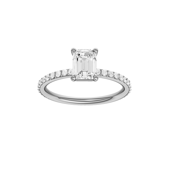 Emerald-cut diamond engagement ring with a prong-set diamond band and solitaire setting.