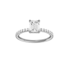 Emerald-cut diamond engagement ring with a prong-set diamond band and solitaire setting.