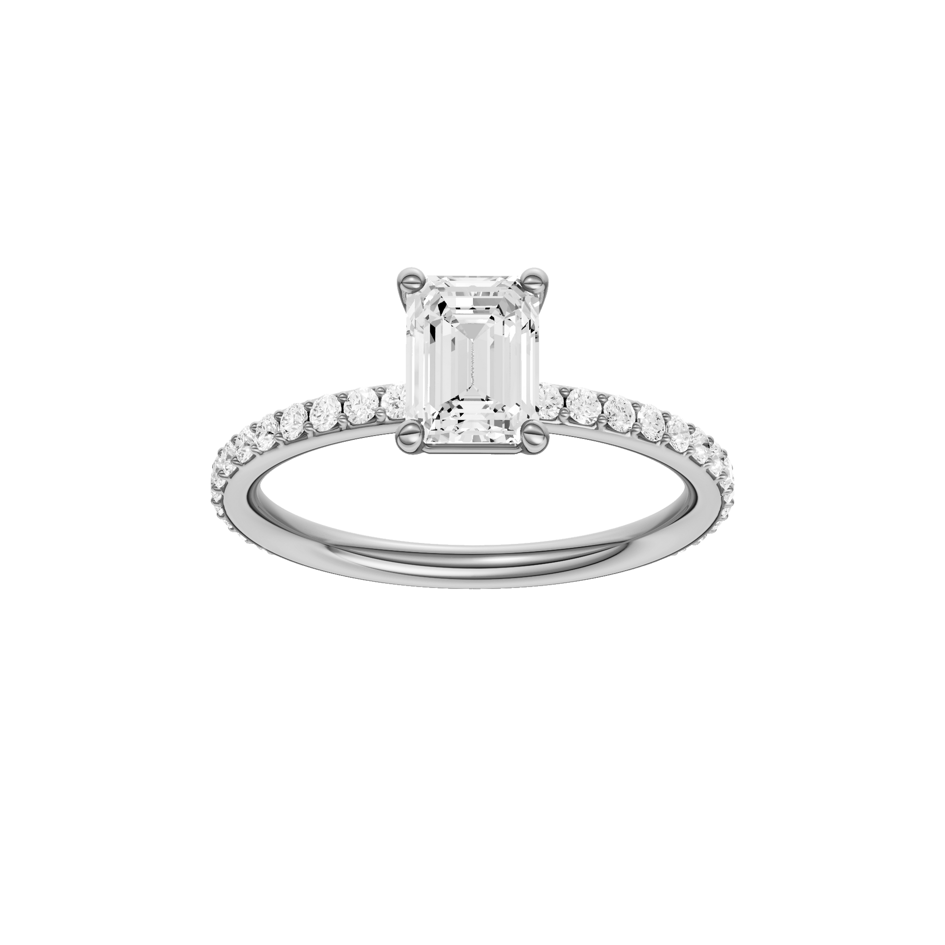 Emerald-cut diamond engagement ring with a prong-set diamond band and solitaire setting.