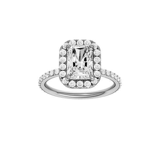 Radiant-cut diamond engagement ring with a prong-set diamond band and halo setting.