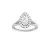 Pear-cut diamond engagement ring with a prong-set diamond band and halo setting.