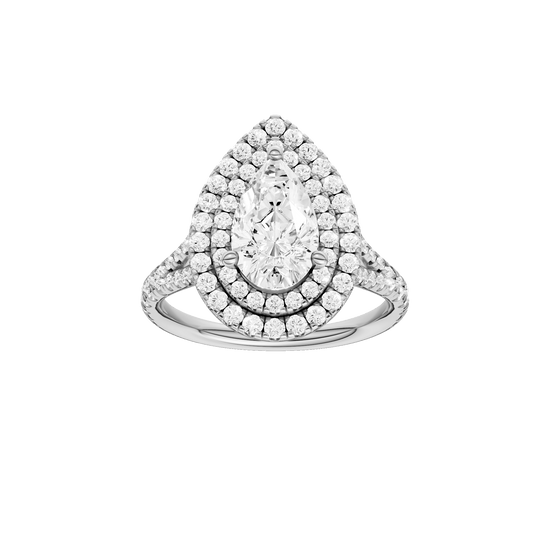 Pear-cut diamond engagement ring with a prong-set diamond band and double-halo setting.