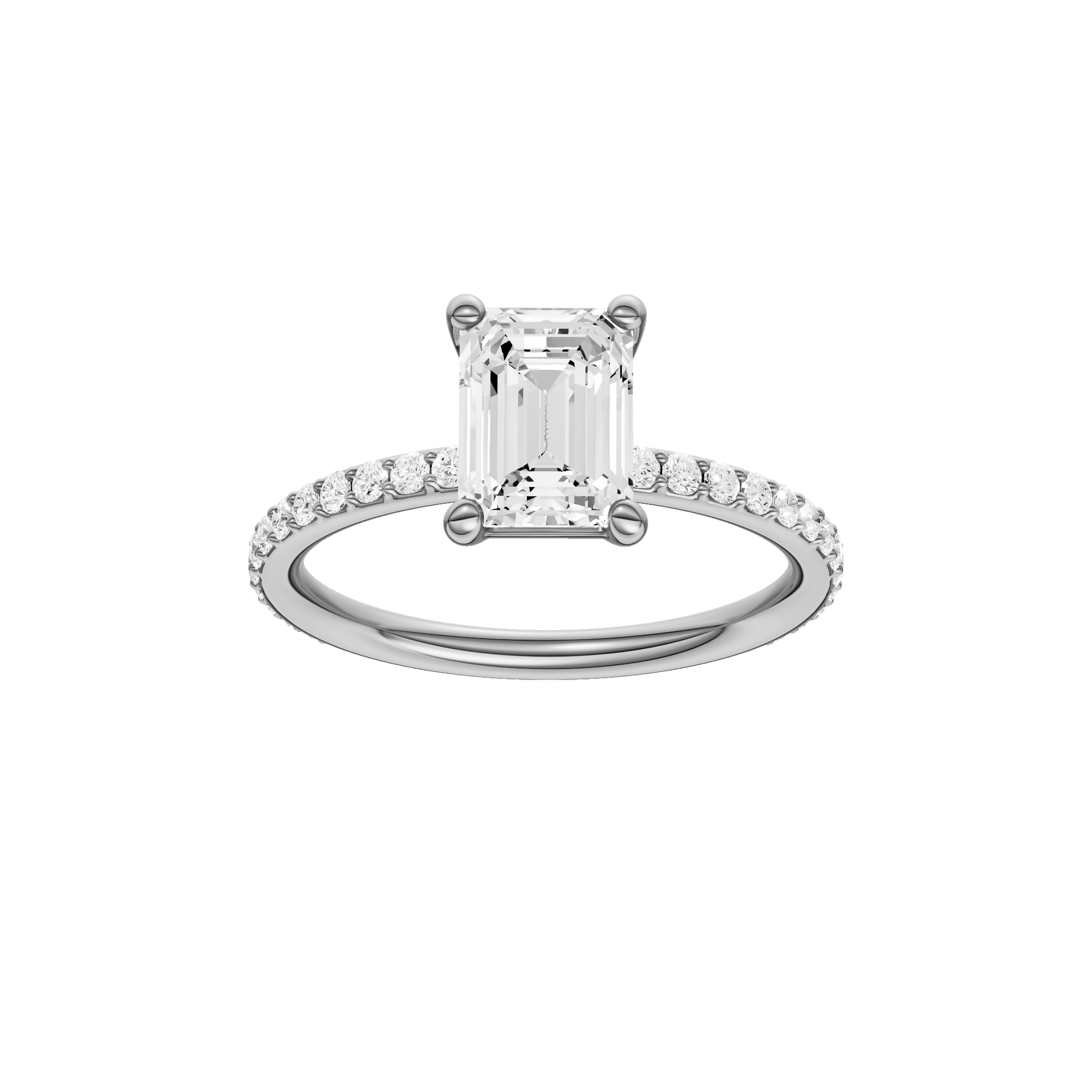 Emerald-cut diamond engagement ring with a prong-set diamond band and solitaire setting.