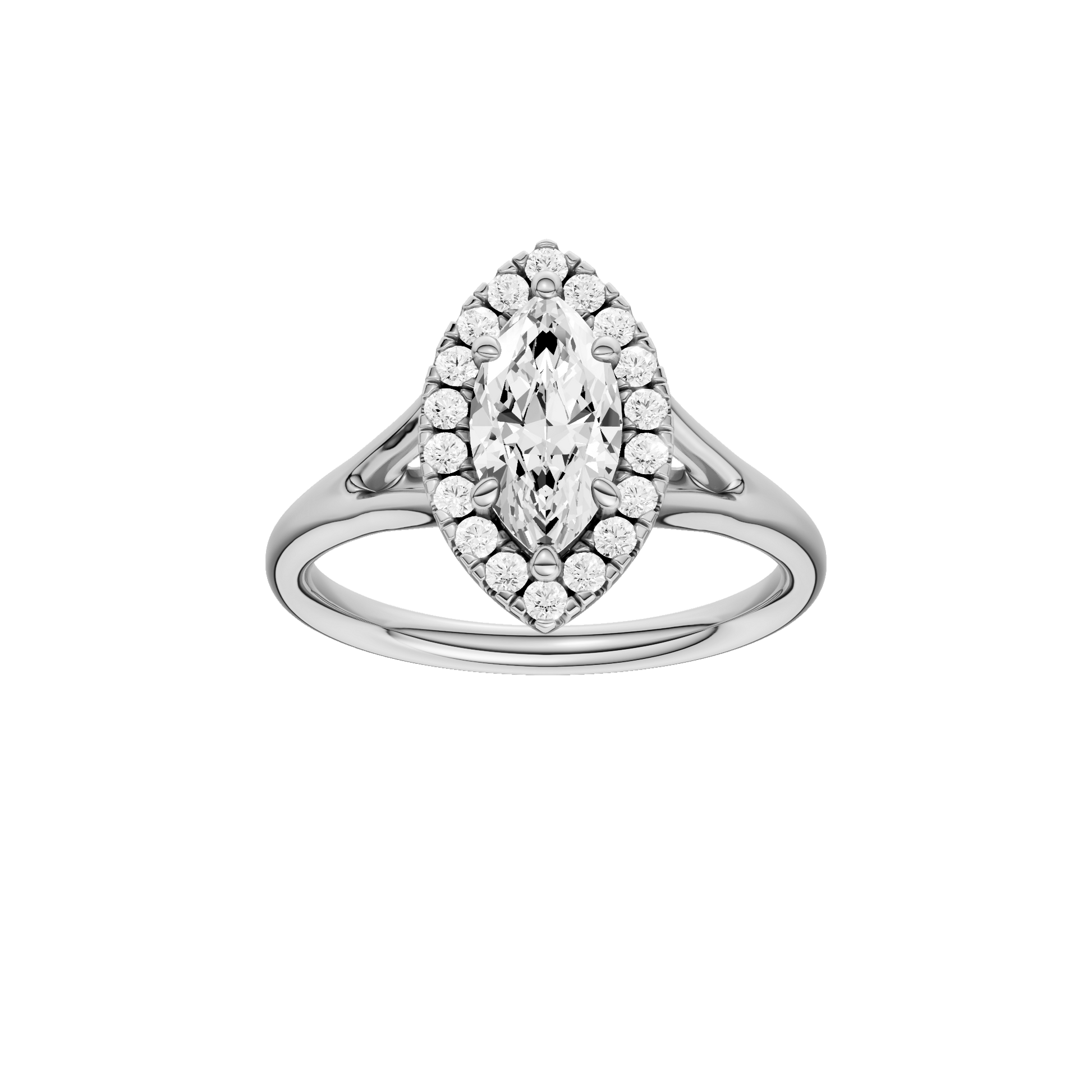 Marquise-cut diamond engagement ring with a plain band and halo setting.