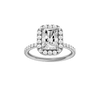 Radiant-cut diamond engagement ring with a prong-set diamond band and halo setting.