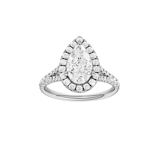 Pear-cut diamond engagement ring with a prong-set diamond band and halo setting.