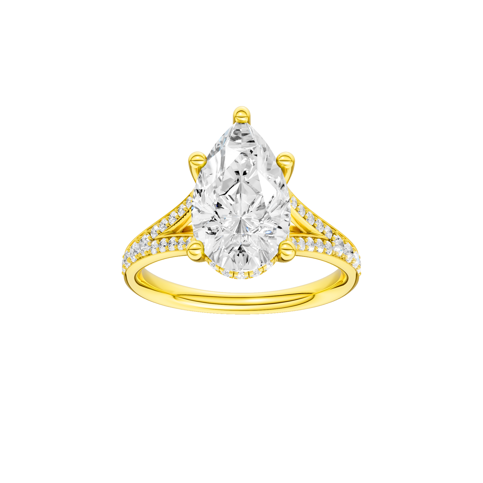Pear-cut diamond engagement ring with a channel-set diamond band and hidden-halo setting.