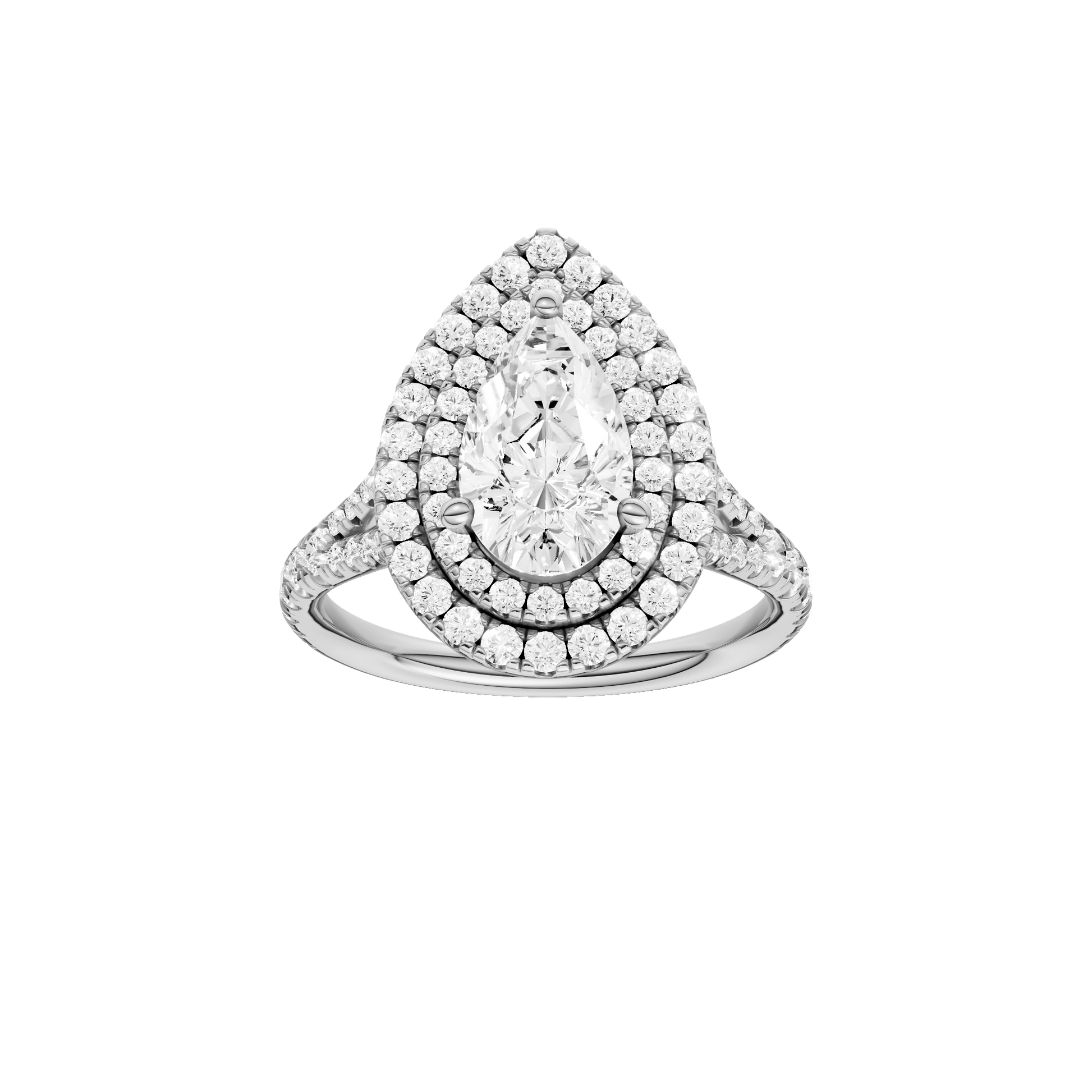 Pear-cut diamond engagement ring with a prong-set diamond band and double-halo setting.