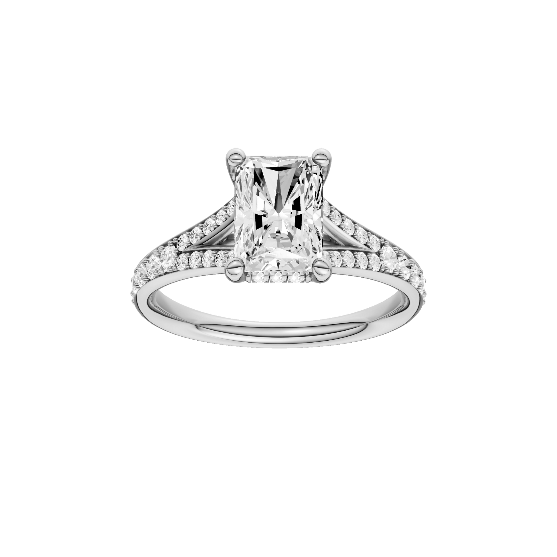 Radiant-cut diamond engagement ring with a channel-set diamond band and hidden-halo setting.