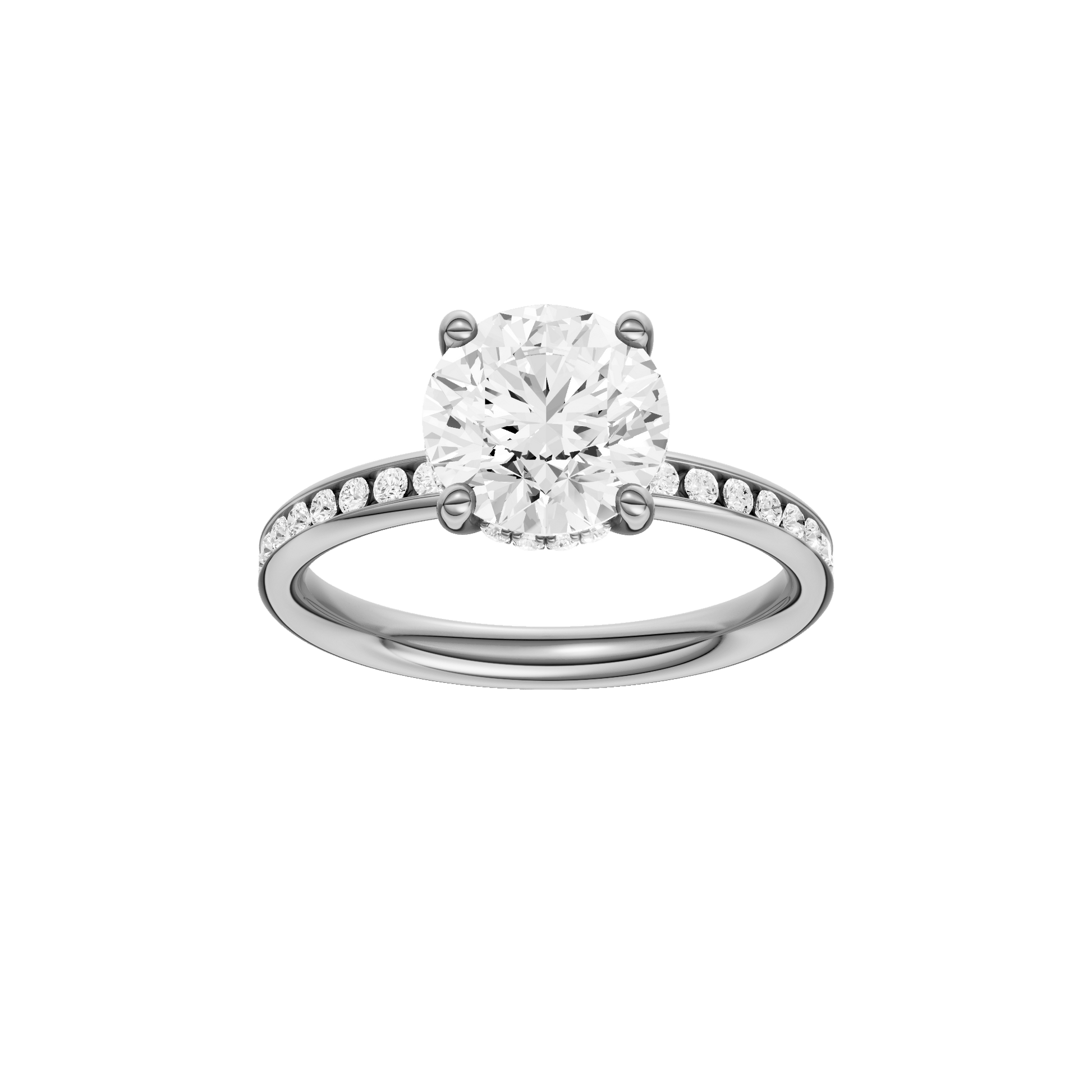 Round-cut diamond engagement ring with a channel-set diamond band and hidden-halo setting.