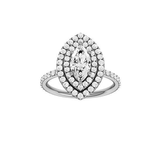 Marquise-cut diamond engagement ring with a prong-set diamond band and double-halo setting.