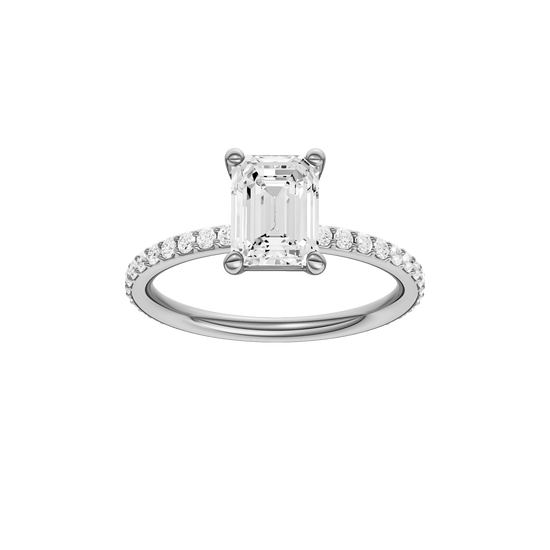 Emerald-cut diamond engagement ring with a prong-set diamond band and solitaire setting.
