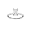 Emerald-cut diamond engagement ring with a prong-set diamond band and solitaire setting.