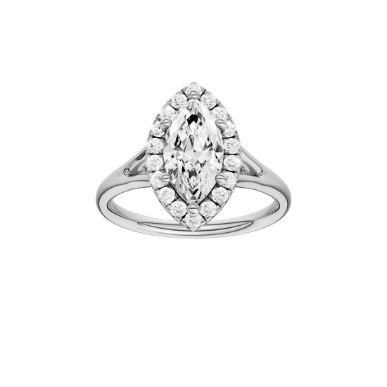 Marquise-cut diamond engagement ring with a plain band and halo setting.