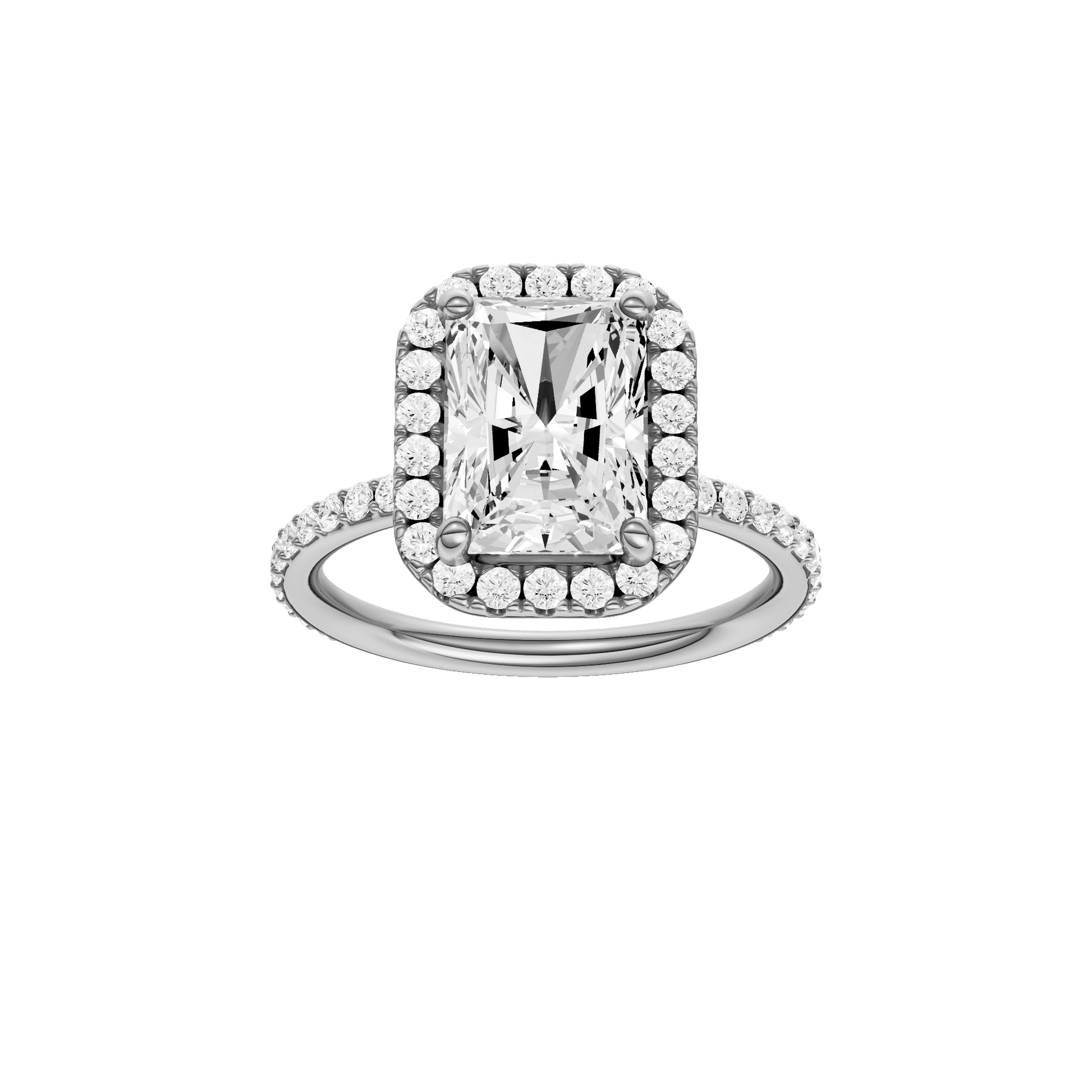 Radiant-cut diamond engagement ring with a prong-set diamond band and halo setting.