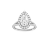 Pear-cut diamond engagement ring with a prong-set diamond band and halo setting.