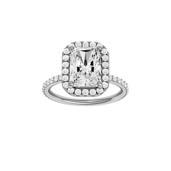 Radiant-cut diamond engagement ring with a prong-set diamond band and halo setting.