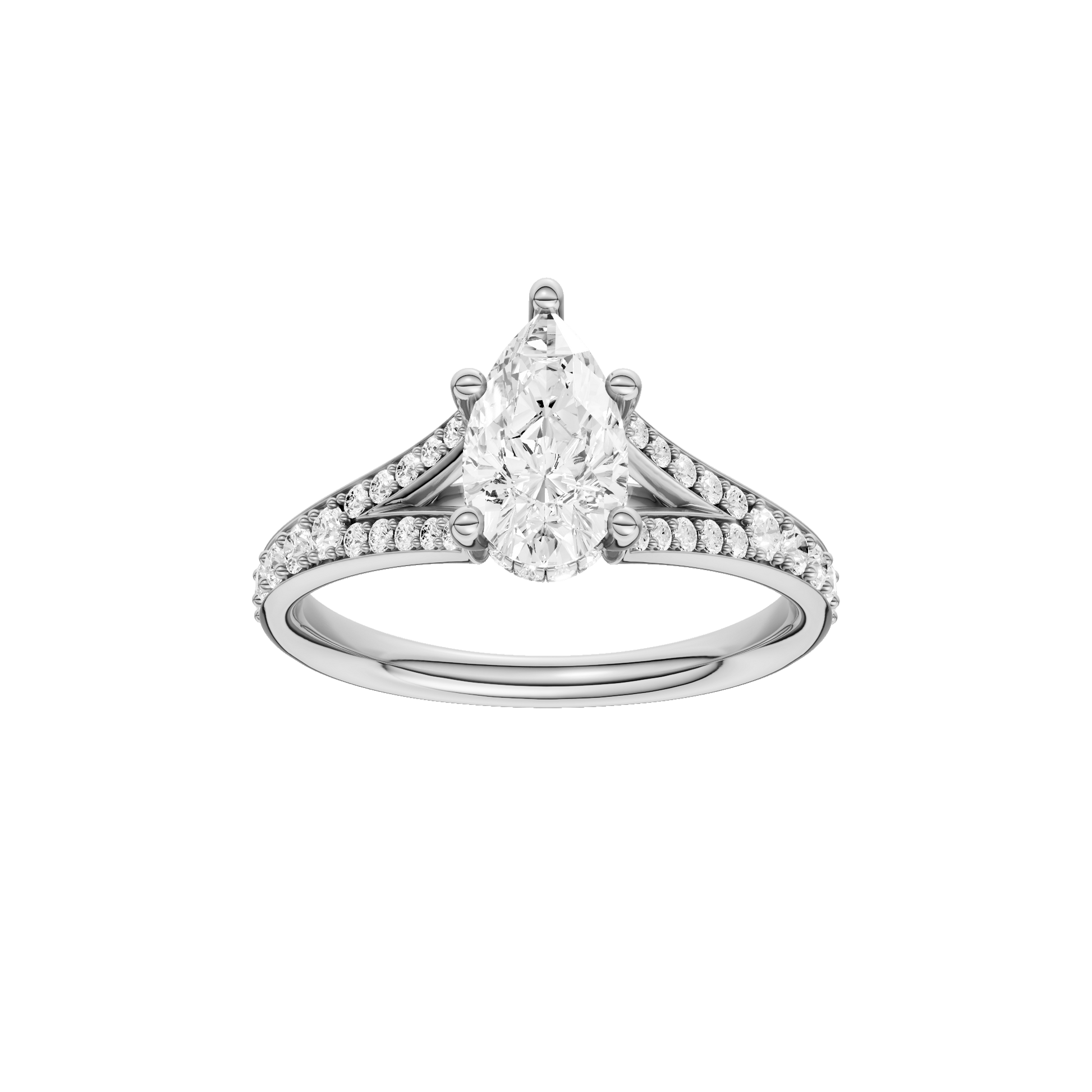 Pear-cut diamond engagement ring with a channel-set diamond band and hidden-halo setting.
