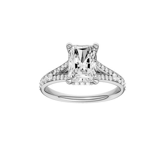 Radiant-cut diamond engagement ring with a channel-set diamond band and hidden-halo setting.